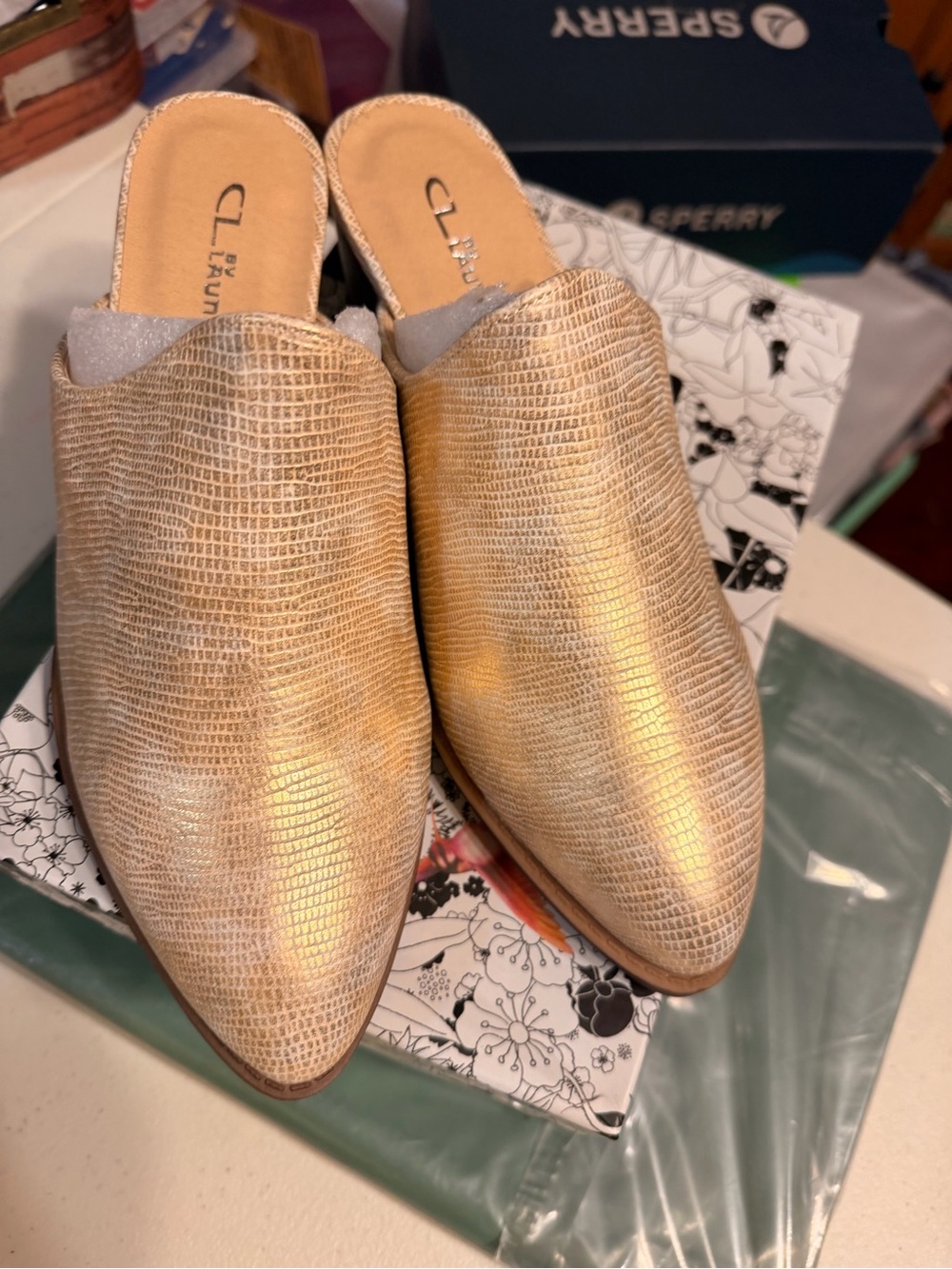Chinese Laundry Gold Lizard-Embossed Slip-On Mules